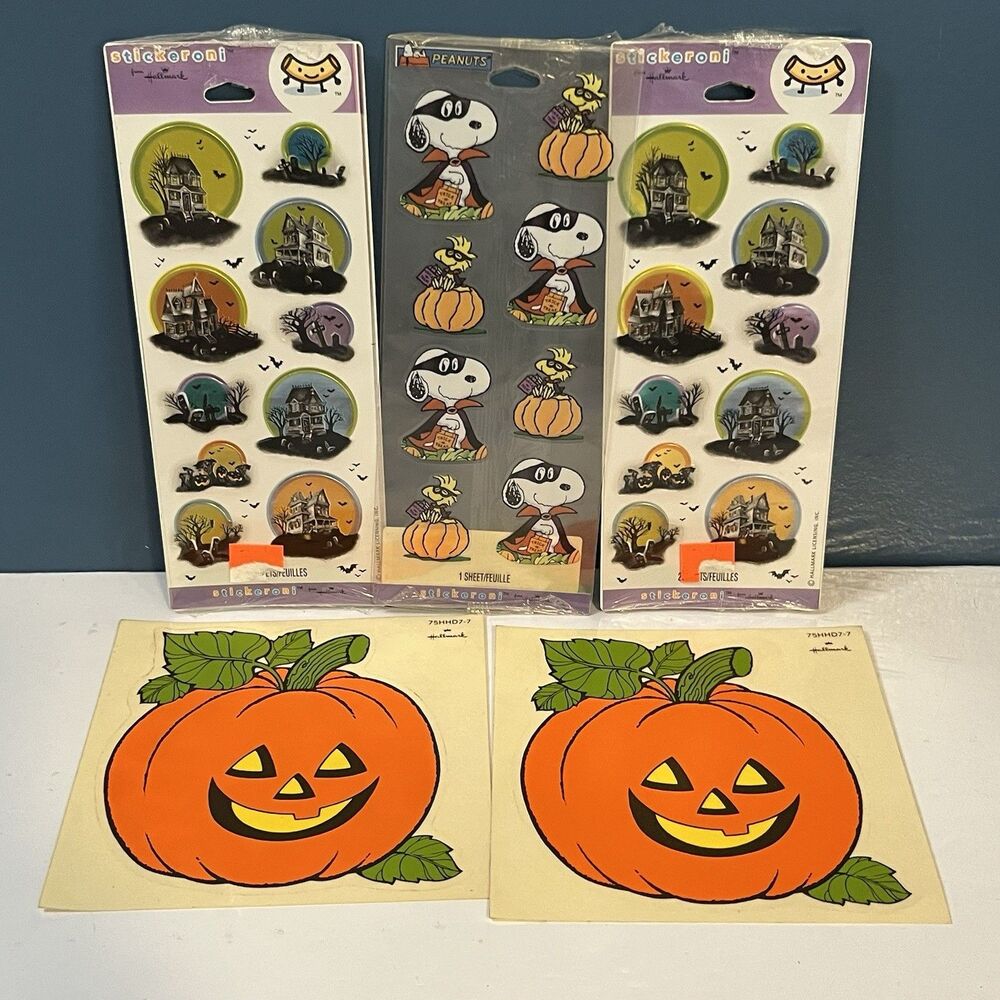 Hallmark Halloween Stickers & Clings Lot Of 5 Snoopy Pumpkins Haunted Houses
